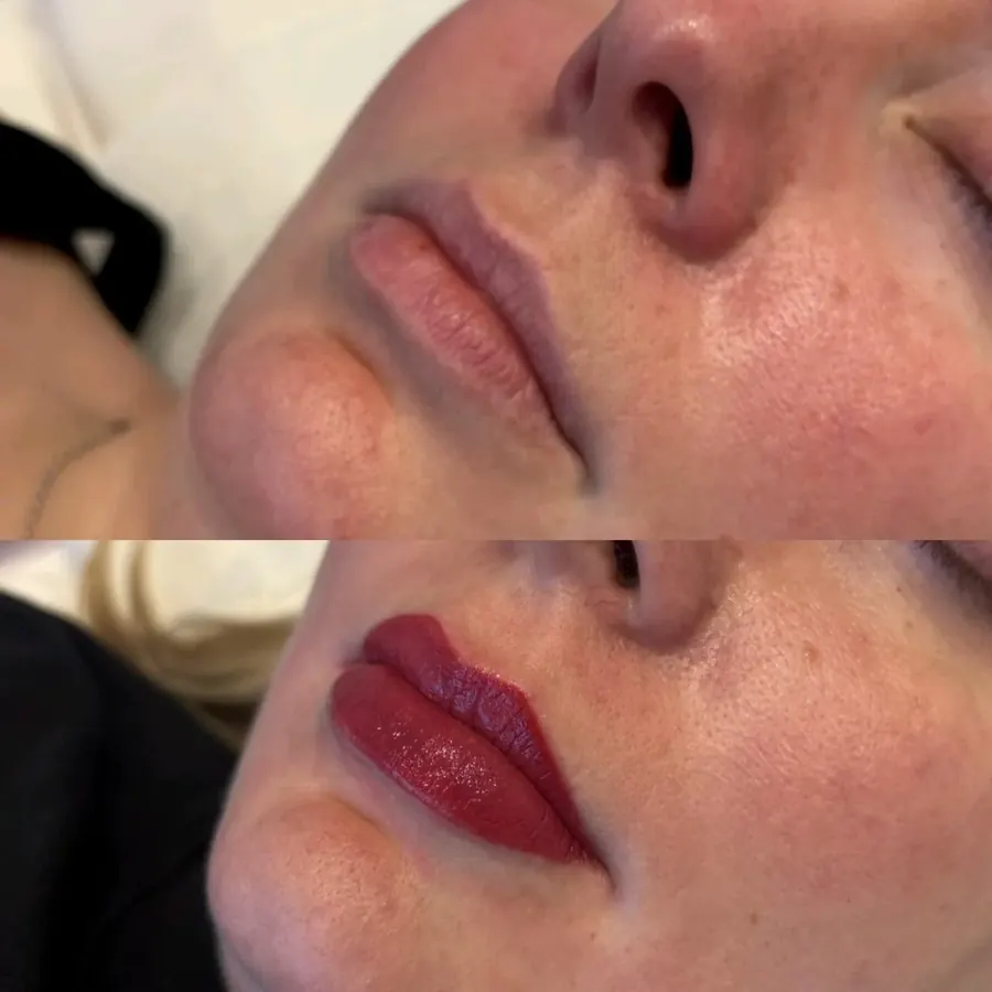 Lip blush permanent makeup in a rich rose tone, Cheshire