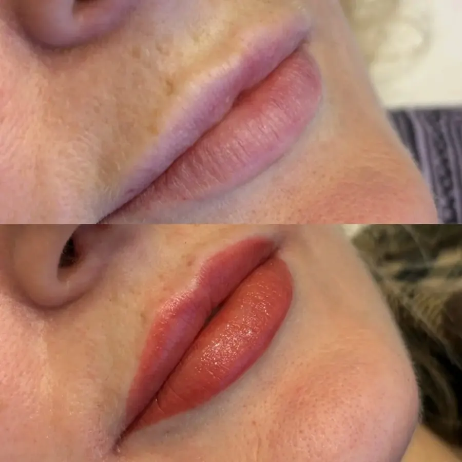 Lip blush permanent makeup in a soft warm nude tone, Cheshire