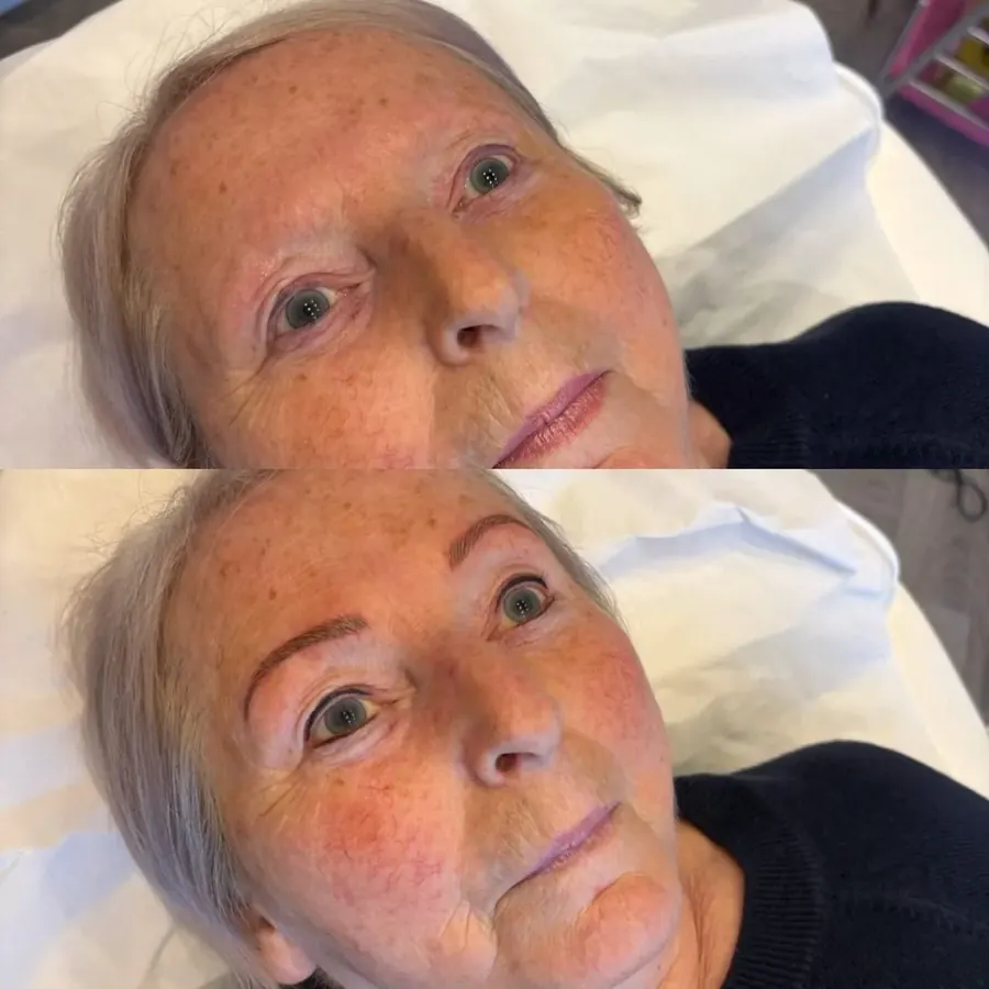 Brow restoration with powder brows on mature skin, permanent makeup in Cheshire