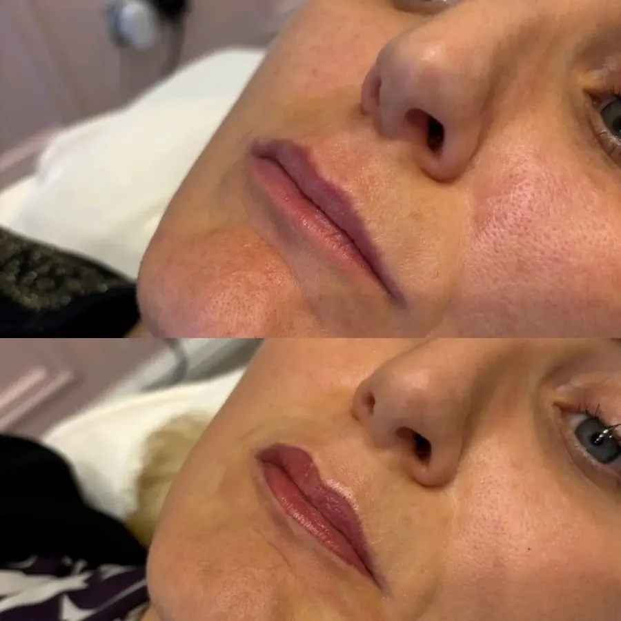 Lip blush permanent makeup in a soft warm nude tone, Cheshire